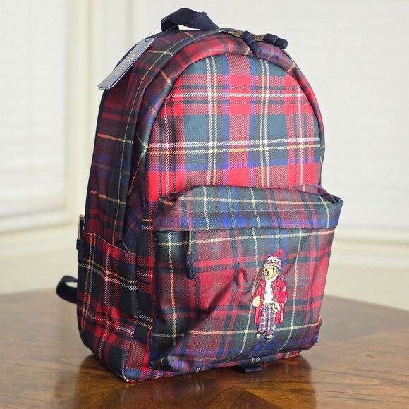 Polo Ralph Lauren Nordic Polo Bear Red Stewart Plaid Nylon Backpack Laptop Bag - Picture 1 of 9